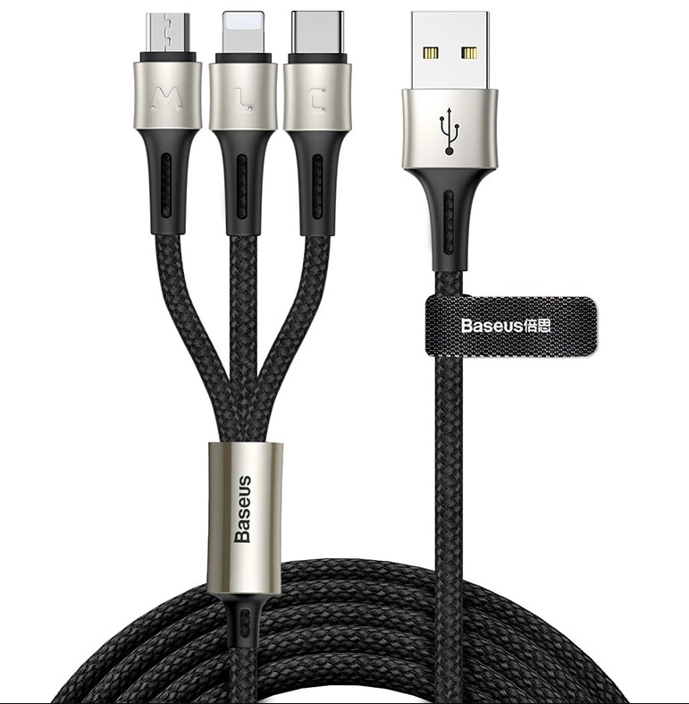 Кабель 3 в 1 Baseus CAMLT-GH01 Caring Touch Selection 1-in-3 USB Cable Black/Silver (Черный/Серебристый)