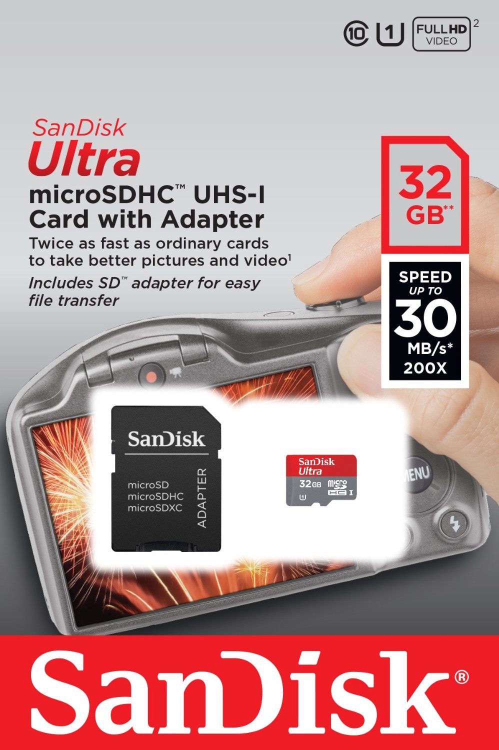 Карта памяти SanDisk Micro SDHC Ultra 200X 32GB Class 10 Переходник в комплекте (SDSDQUI-032G-U46)
