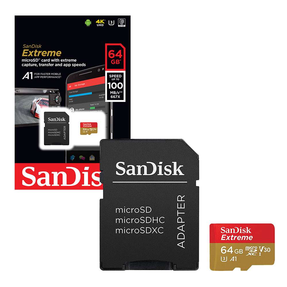 Карта памяти SanDisk Micro SDXC Extreme 64GB Class 10 Переходник в комплекте (SDSQXAF-064G-GN6MA)