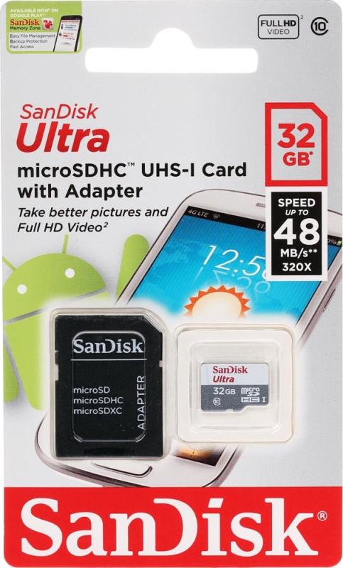 Карта памяти SanDisk Micro SDHC Ultra 32GB Class 10 Переходник в комплекте (SDSQUNB-032G-GN3MA)