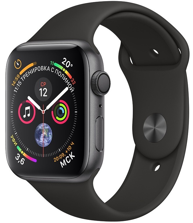 Умные часы Apple Watch Series 4, 40 мм, корпус из алюминия цвета «серый космос», спортивный ремешок черного цвета