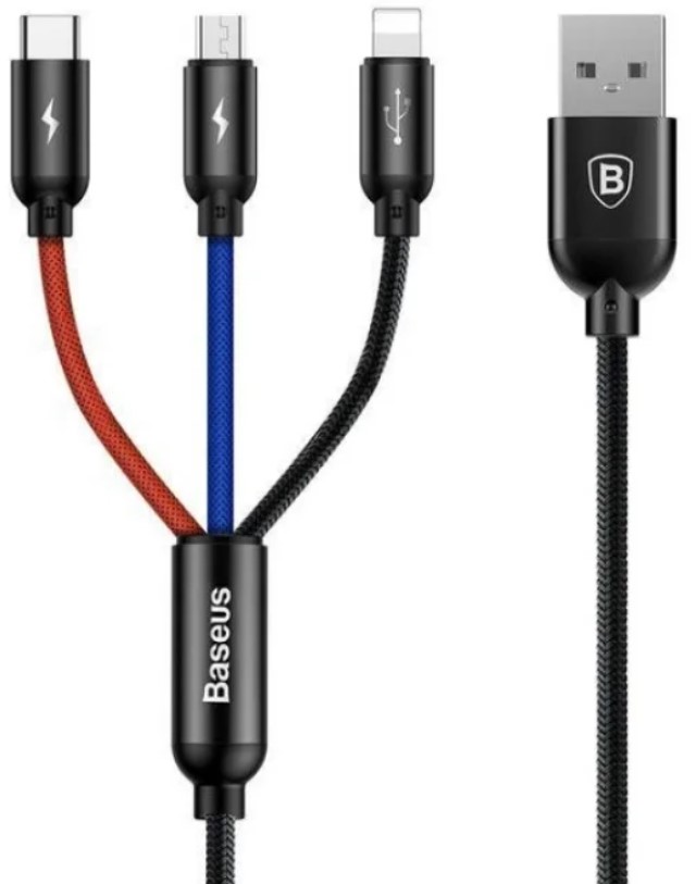 Кабель 3 в 1 Baseus CAMLT-BSY01 Three Primary Colors 3-in-1 Cable USB For M+L+T 3.5A 1,2м Black (Черный)